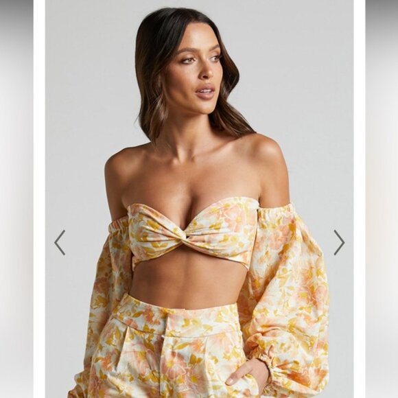 AMALIE SHOWPO NEW Emerita Linen Floral Off Shoulder Twist Crop Top Cotton 10 - Picture 5 of 16